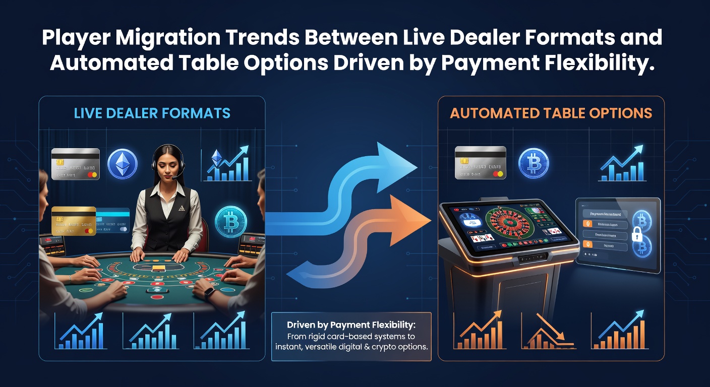 Illustration der Spielermigration zwischen Live-Dealer und automatisierten Tischspielen mit Fokus auf Zahlungsmethoden
