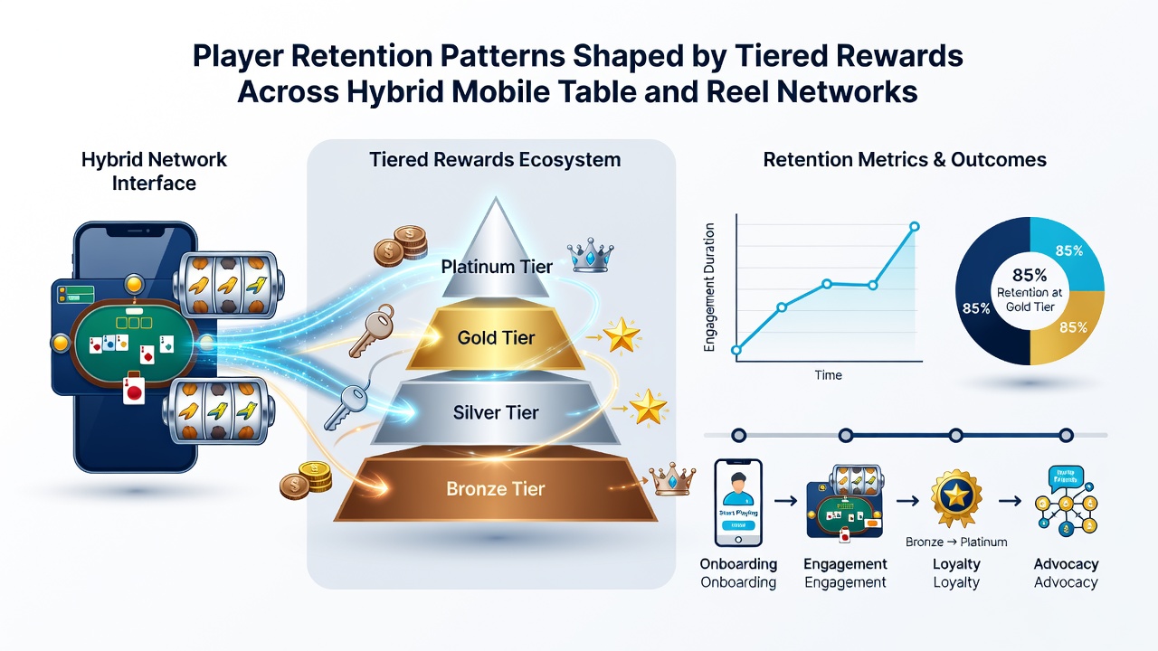 Grafische Übersicht zu Retentionsraten und Belohnungsebenen in hybriden mobilen Gaming-Netzwerken